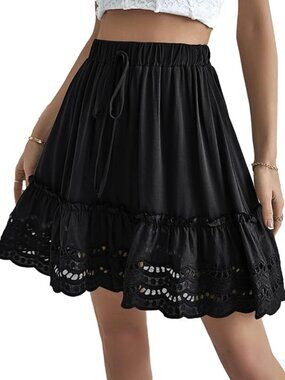 Elastic Waist Self Tie Pleated Scallop Hem Flowy A-Line Mini Skirt